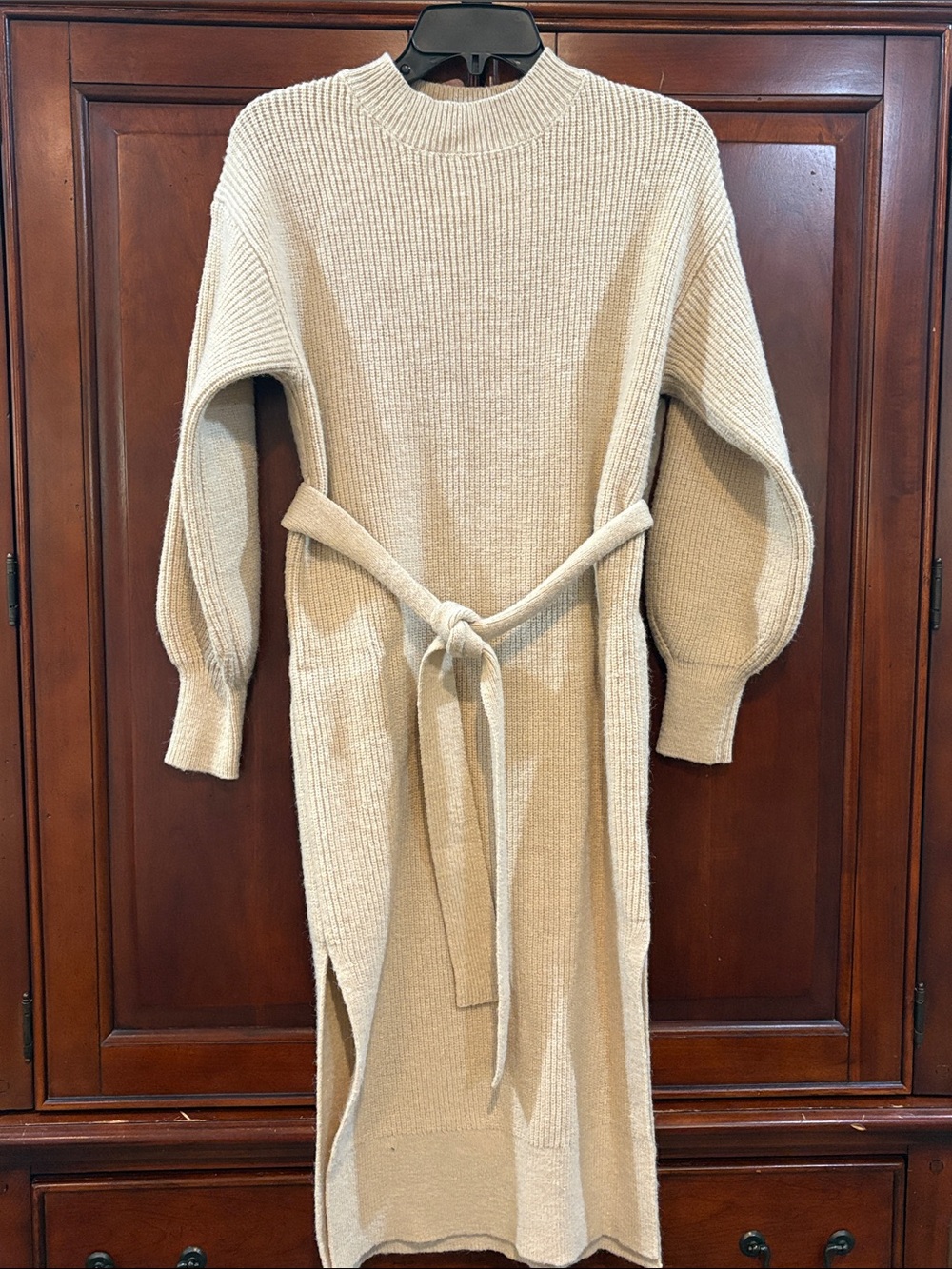 Cream Ribbed Belted Turtleneck Midi Sweater Dress